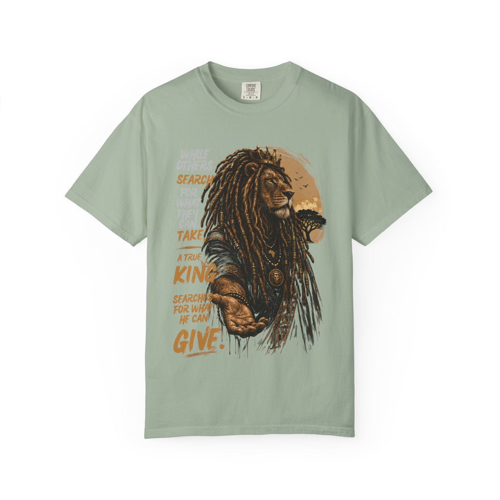 Lion Graphic T-Shirt — "A True King Gives" Inspirational Reggae Rasta Tee