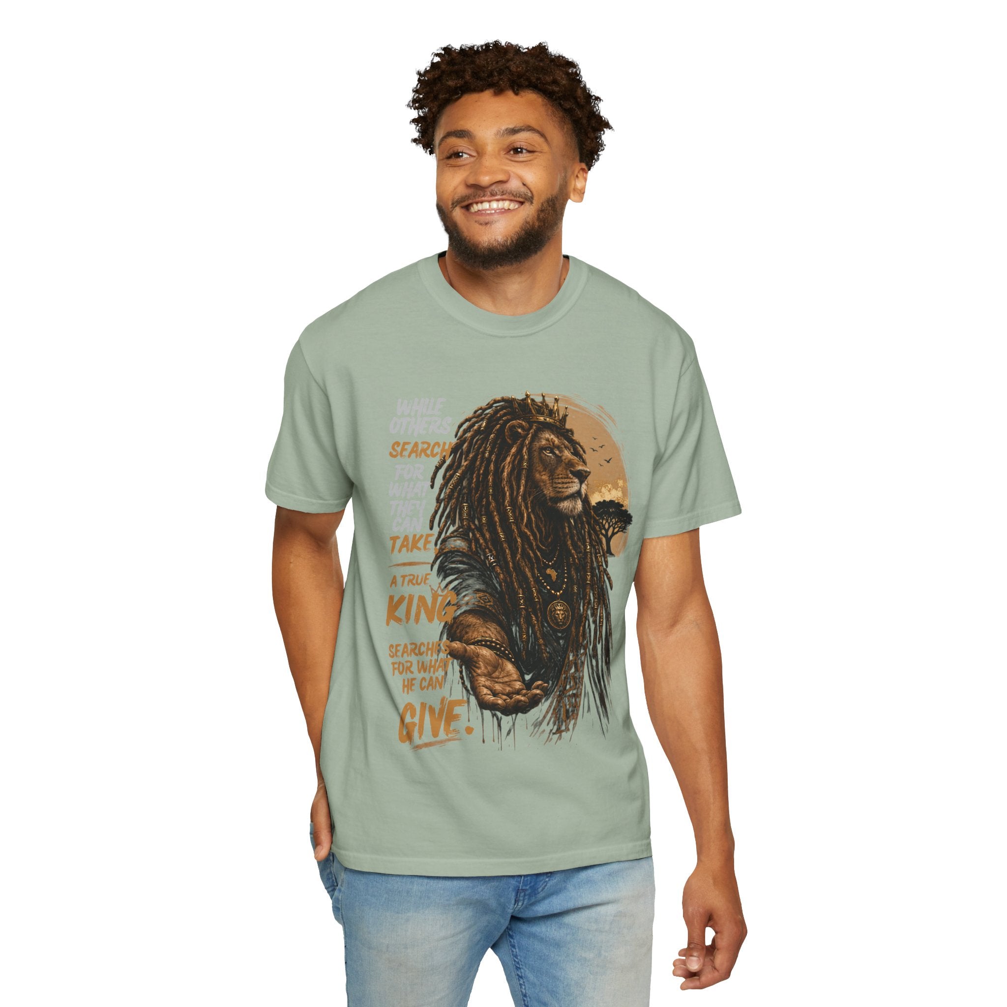 Lion Graphic T-Shirt — "A True King Gives" Inspirational Reggae Rasta Tee