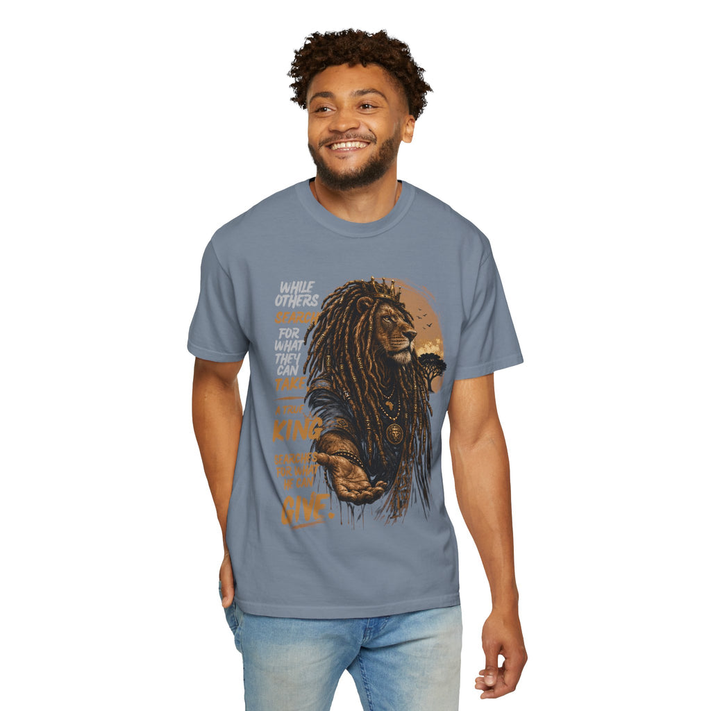 Lion Graphic T-Shirt — "A True King Gives" Inspirational Reggae Rasta Tee