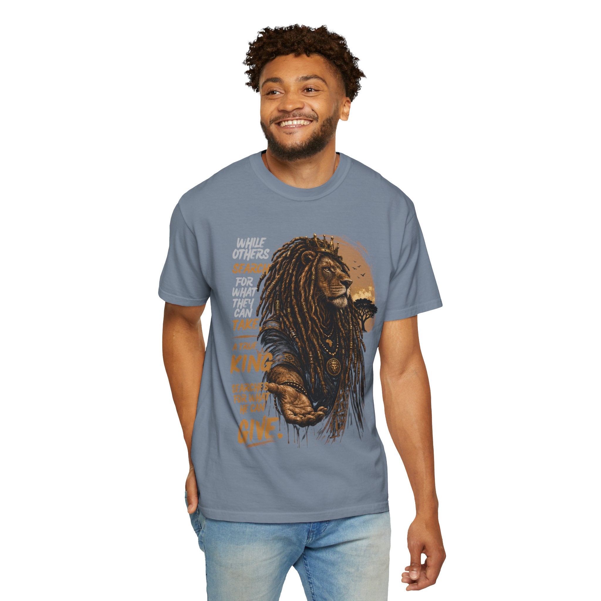 Lion Graphic T-Shirt — "A True King Gives" Inspirational Reggae Rasta Tee