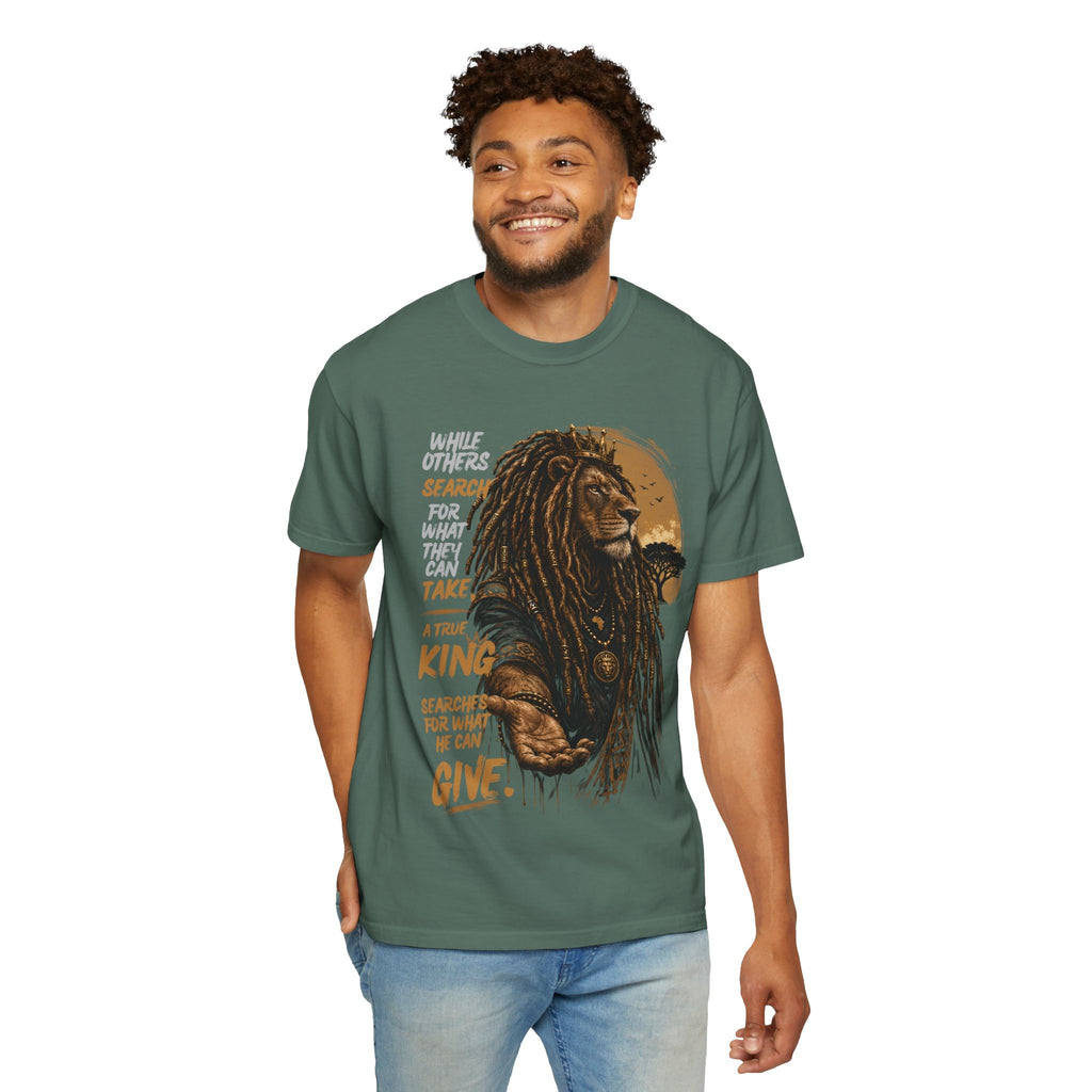 Lion Graphic T-Shirt — "A True King Gives" Inspirational Reggae Rasta Tee