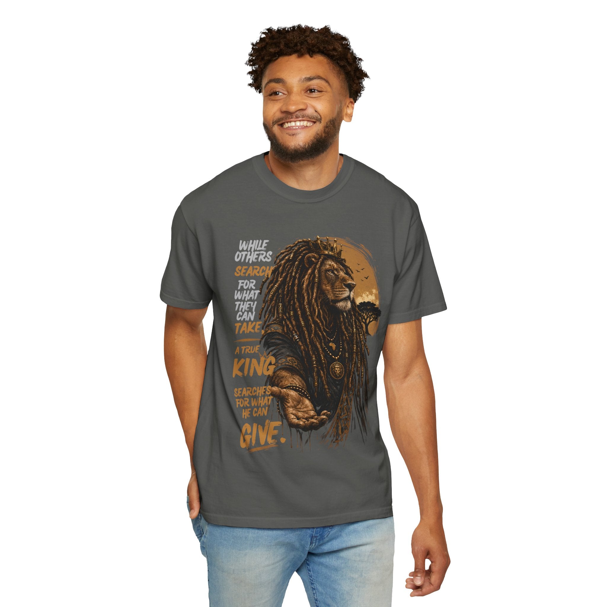 Lion Graphic T-Shirt — "A True King Gives" Inspirational Reggae Rasta Tee