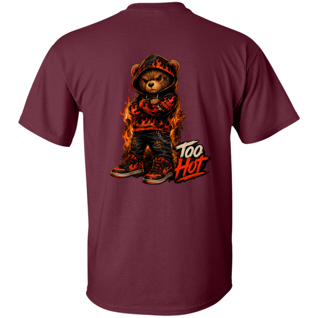 Maroon t-shirt with a bear graphic and 'Too Hot' text on the back