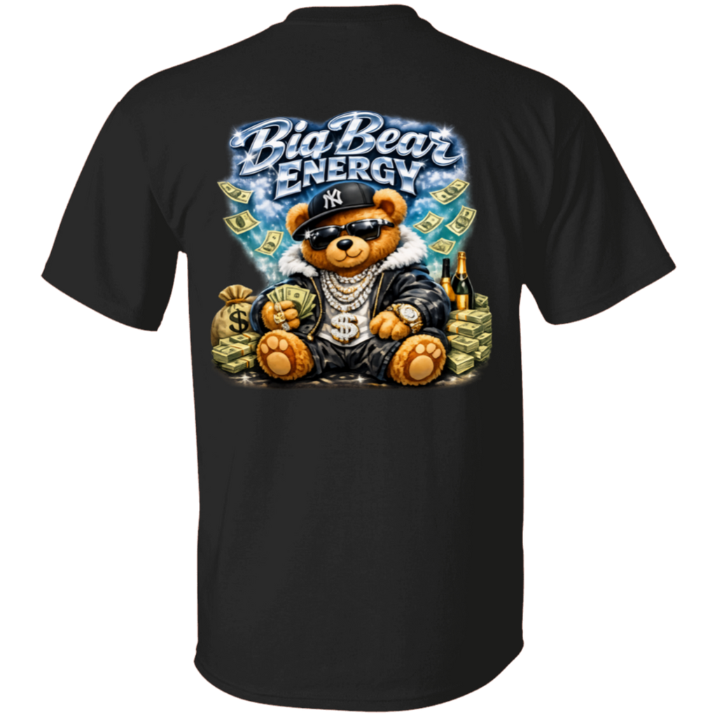 Black t-shirt with a bear graphic and 'Big Bear Energy' text on a white background