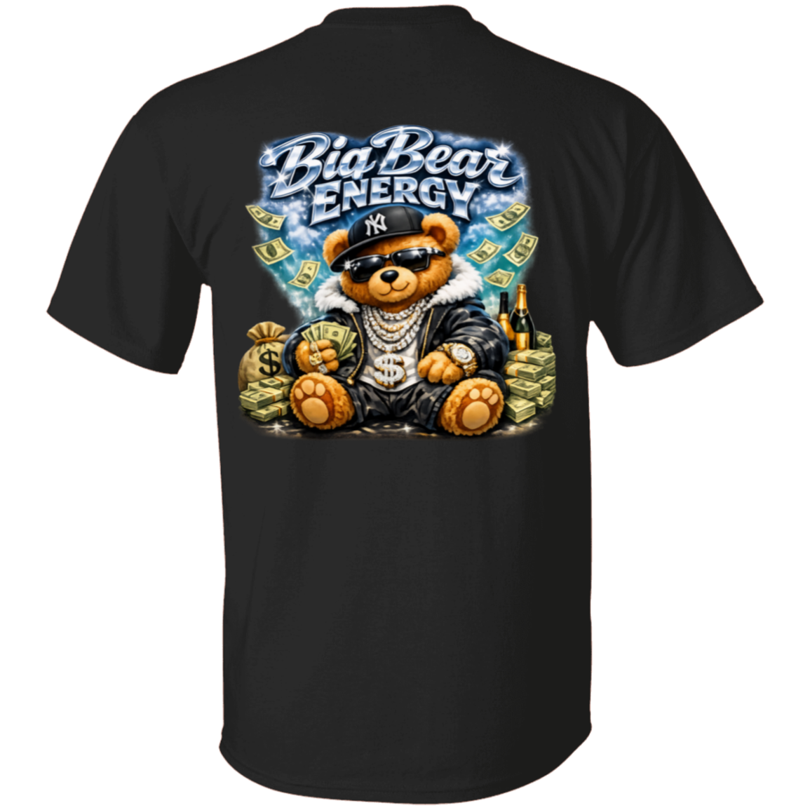 Black t-shirt with a bear graphic and 'Big Bear Energy' text on a white background