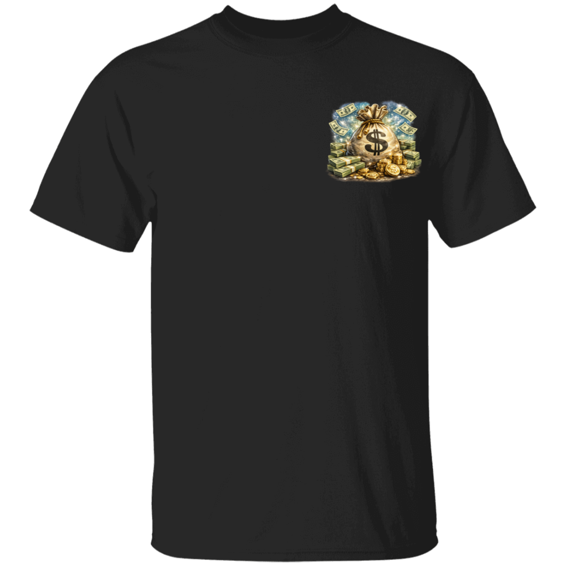 Black t-shirt with a colorful graphic design on the chest against a white background