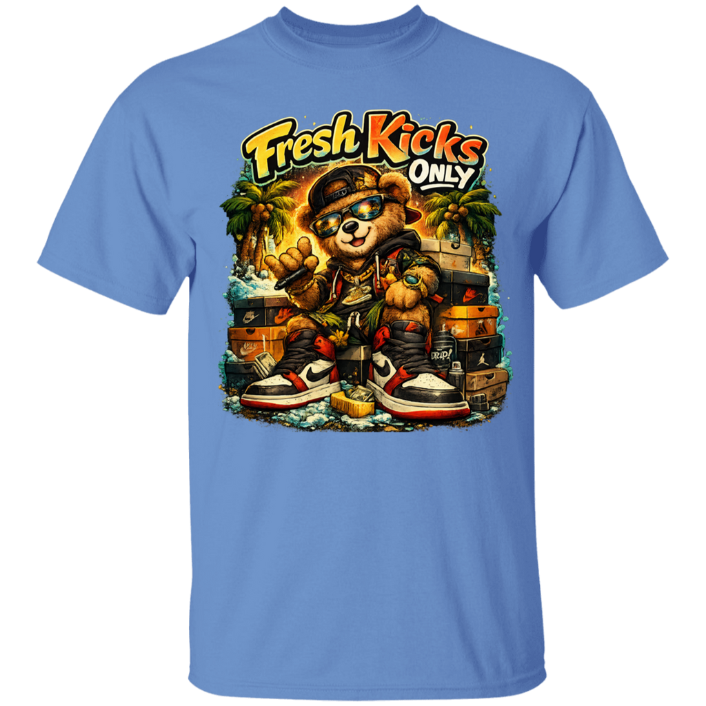  Carolina Blue t-shirt with a bear graphic and 'Fresh Kicks Only' text on a white background