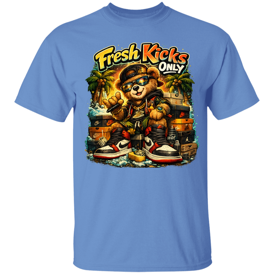  Carolina Blue t-shirt with a bear graphic and 'Fresh Kicks Only' text on a white background