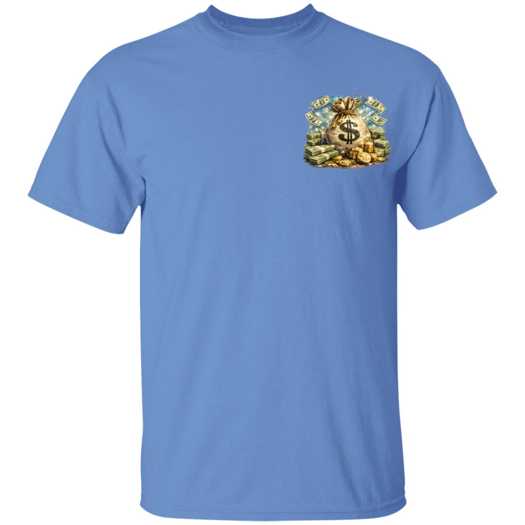 Blue t-shirt with a graphic design on the chest against a white background