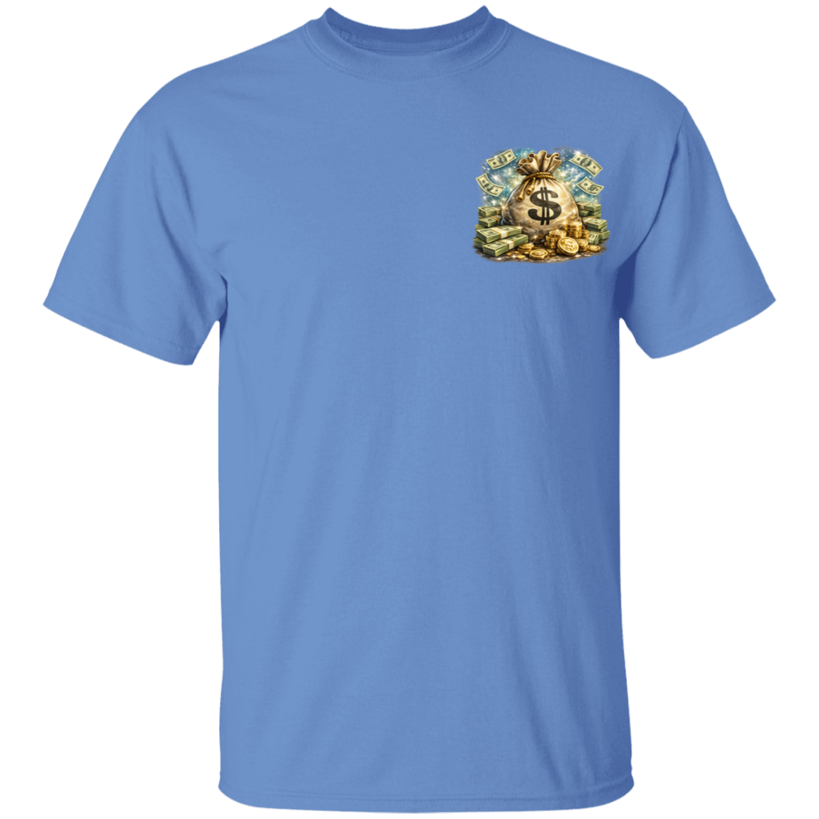 Blue t-shirt with a graphic design on the chest against a white background