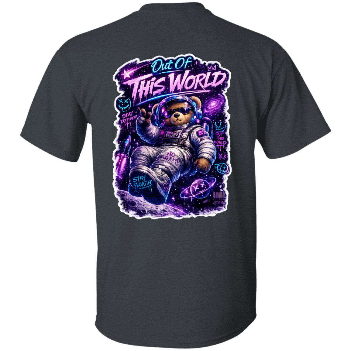 Black t-shirt with a space-themed graphic of a bear astronaut and text on the back.