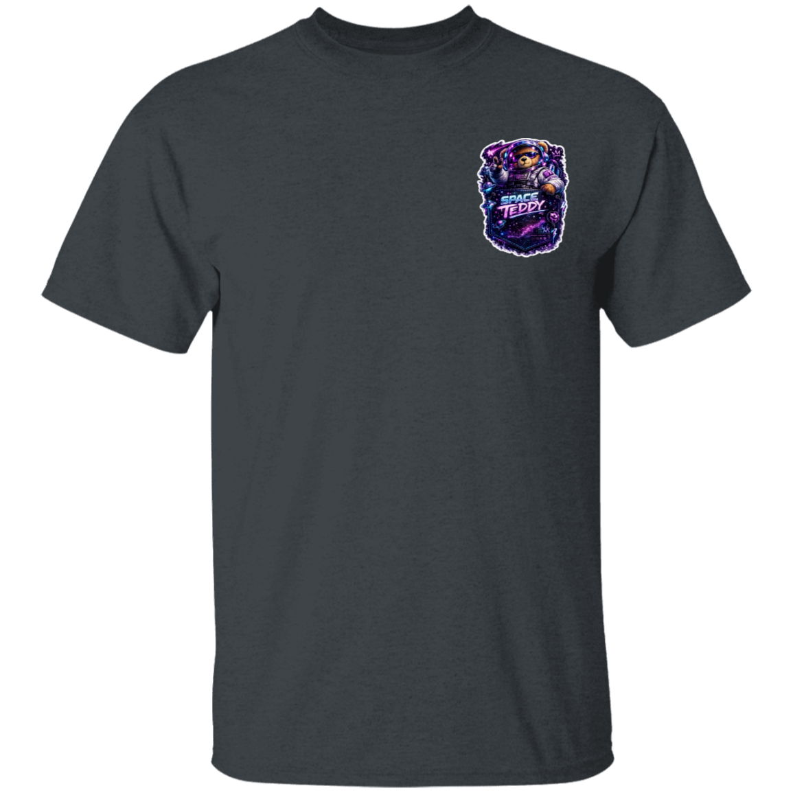 Dark Heather t-shirt with a colorful graphic on the chest against a white background