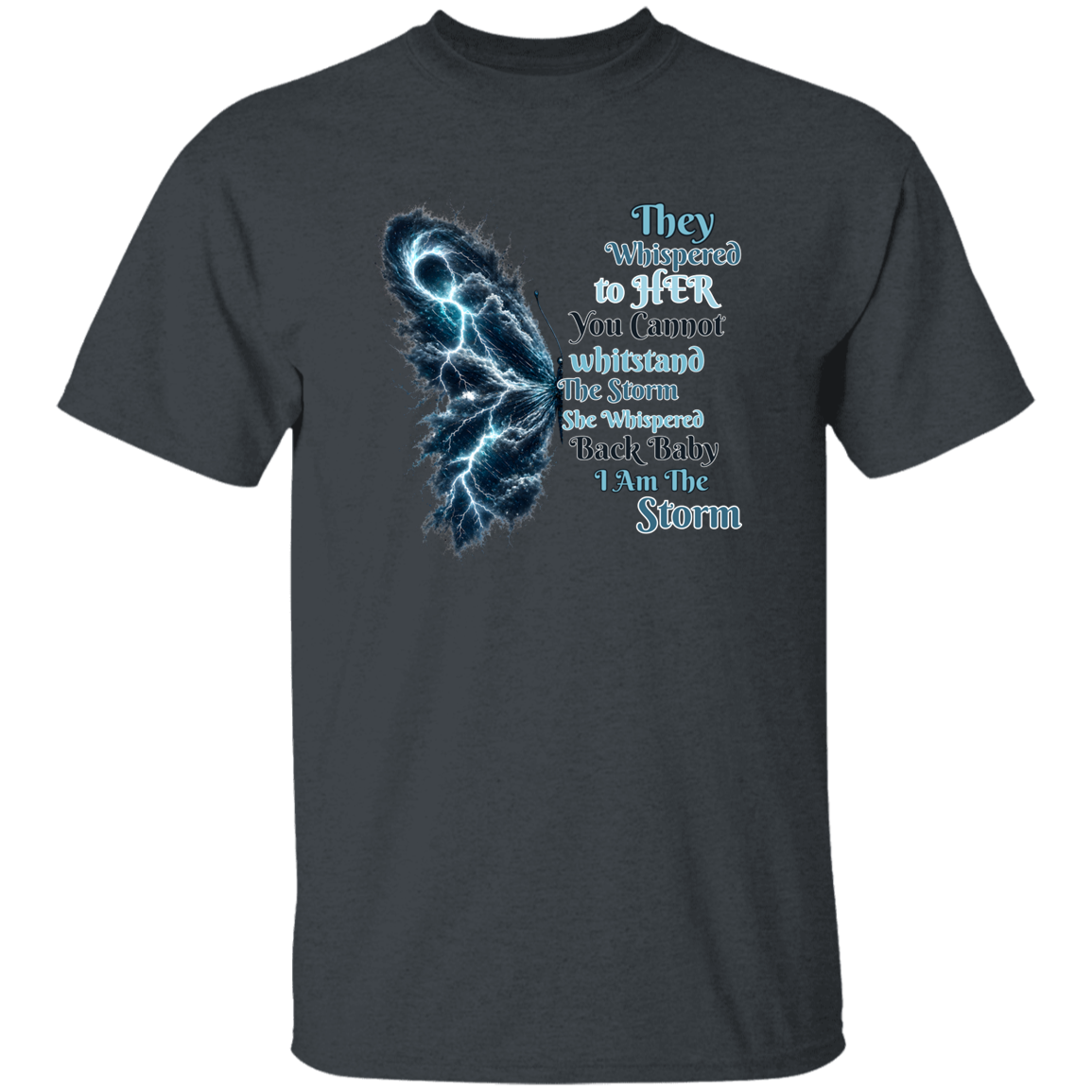 Dark Heather t-shirt with blue graphic and white text on a white background