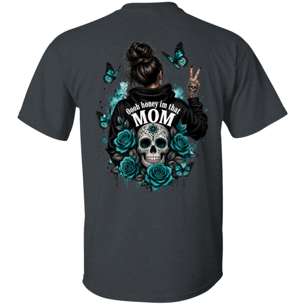 Dark Heather t-shirt with a graphic design on the back featuring a skull, roses, and text.