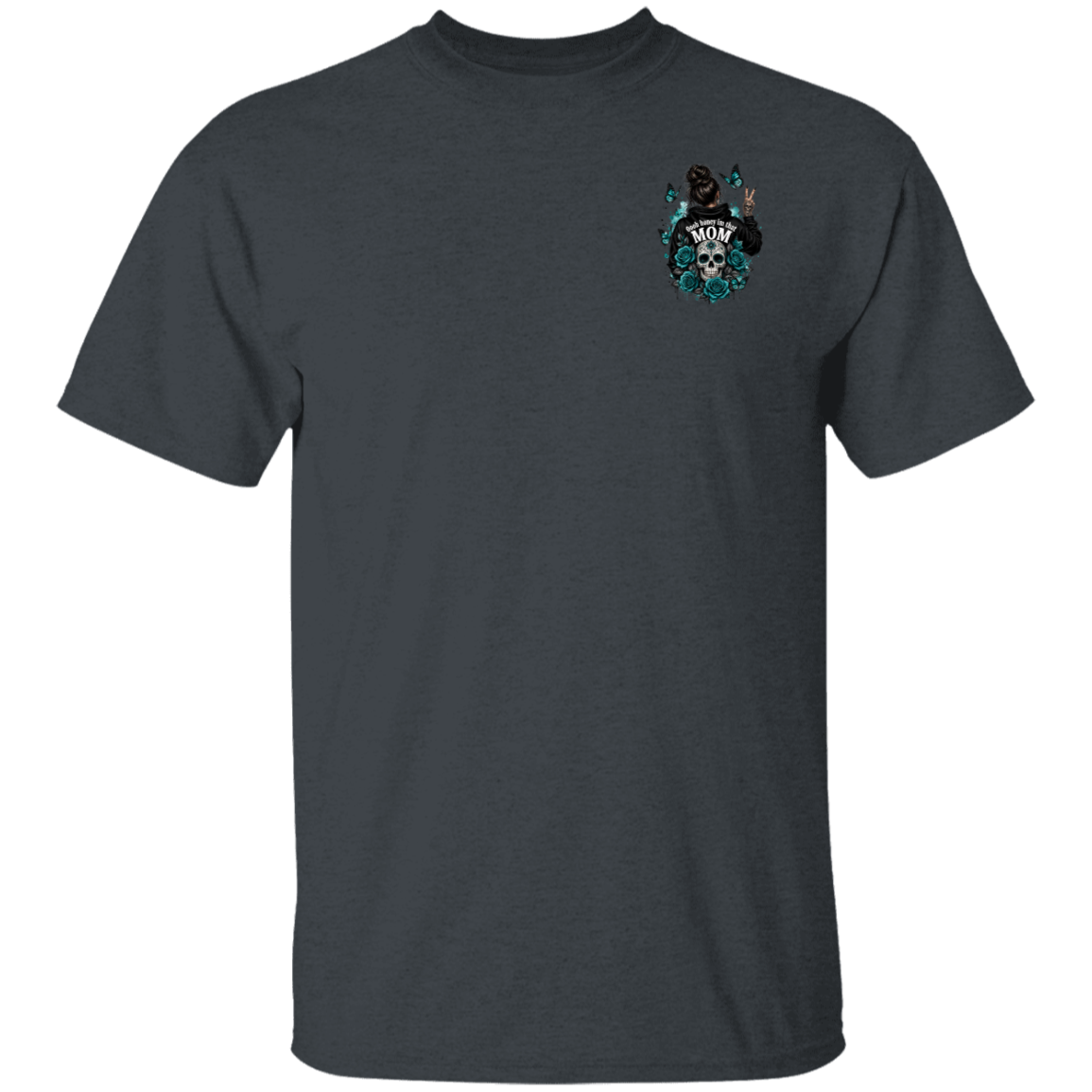 Dark Heather t-shirt with a colorful graphic on the chest against a white background
