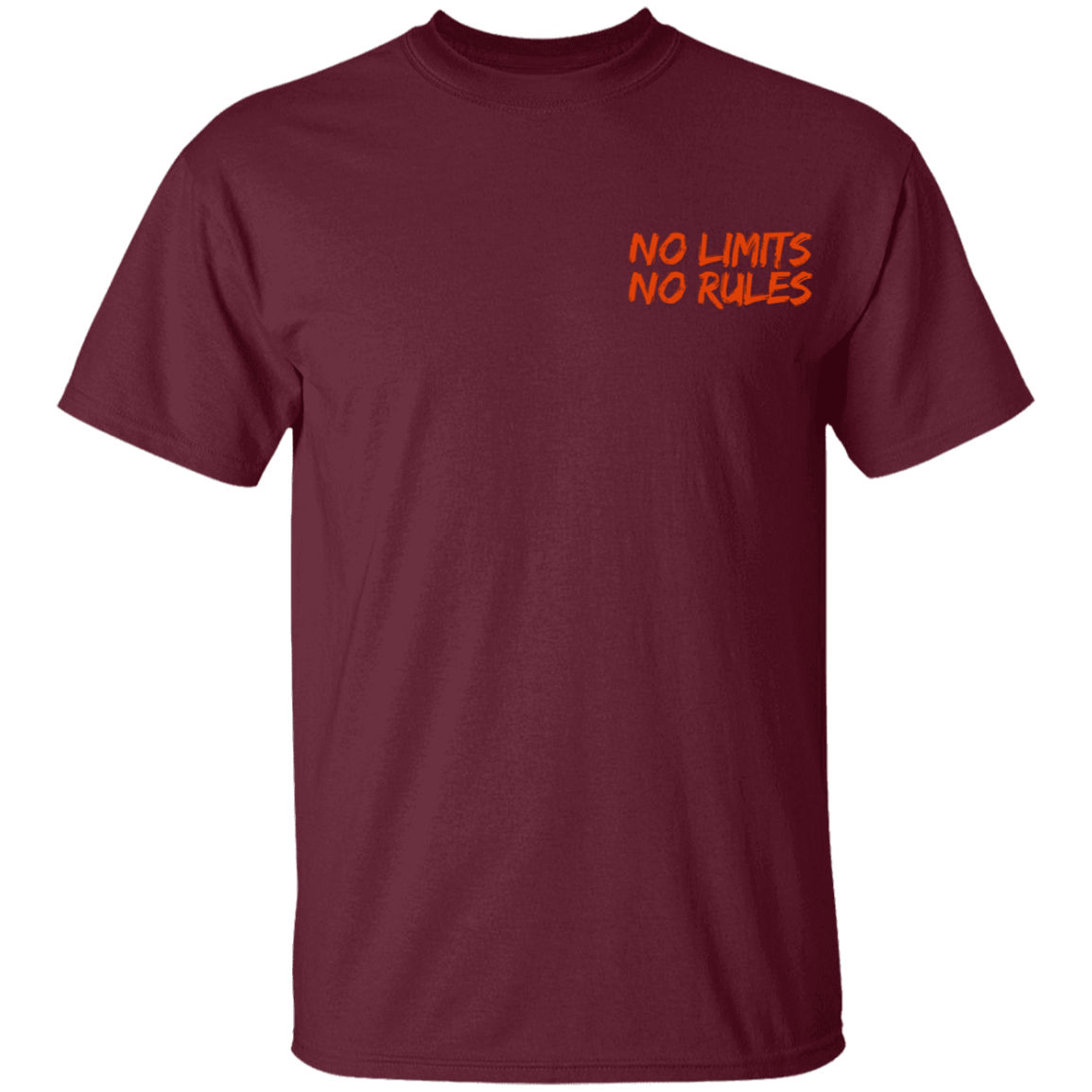Maroon t-shirt with 'NO LIMITS NO RULES' text in red on a white background