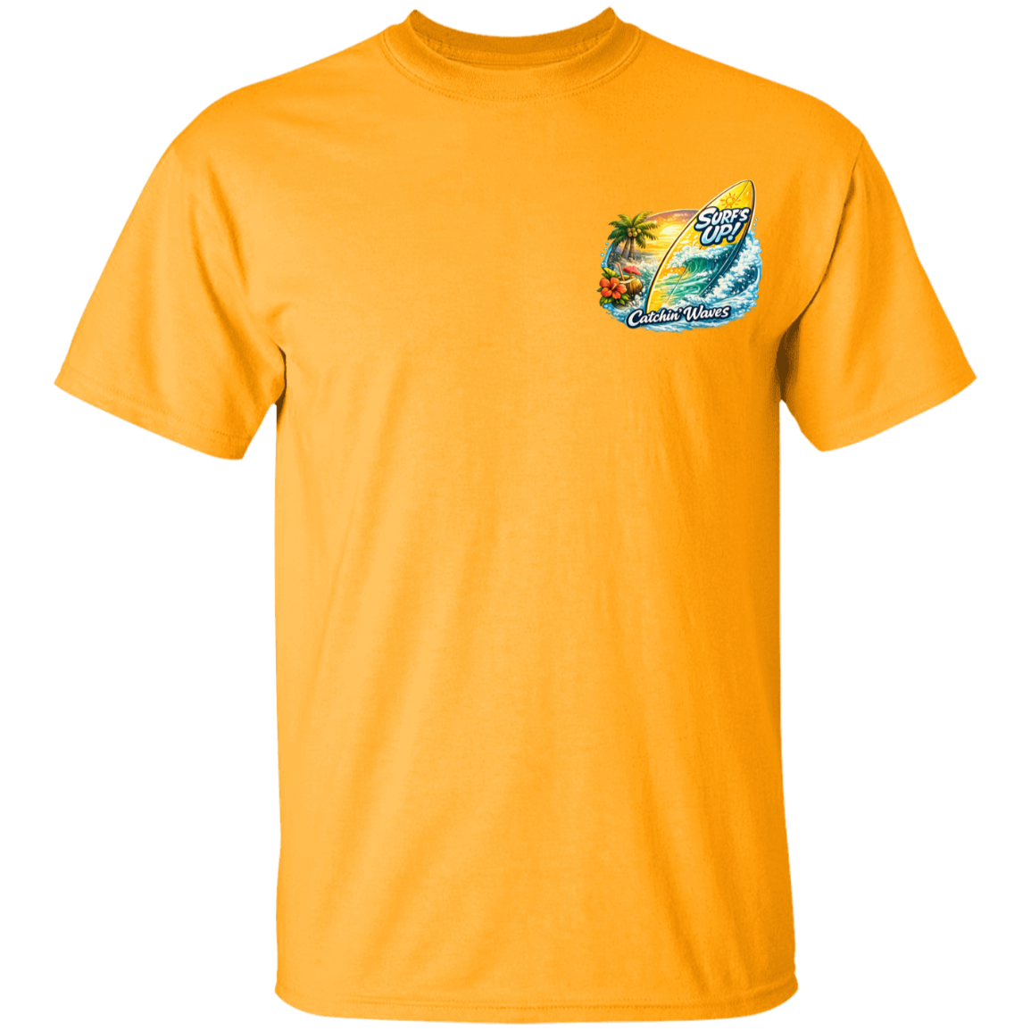 Gold t-shirt with a tropical graphic on a white background