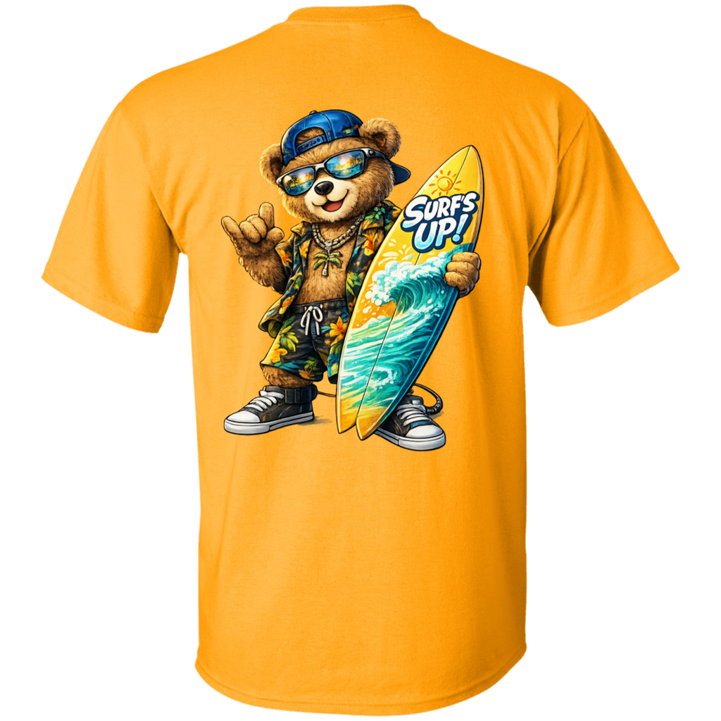 Gold t-shirt with a bear holding a surfboard and 'Surfs Up!' text on a white background