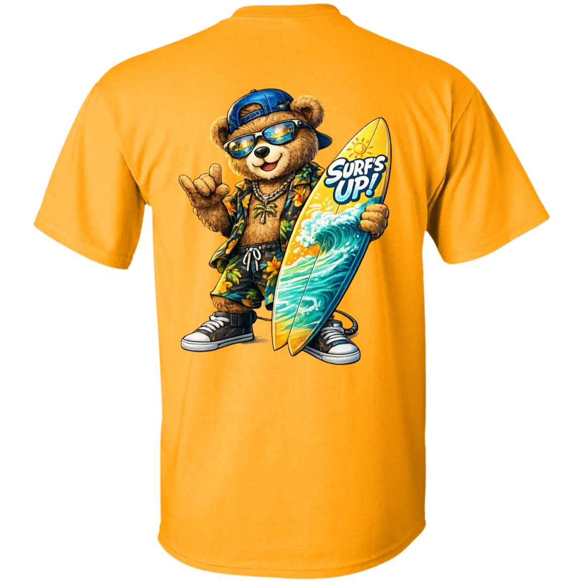 Gold t-shirt with a bear holding a surfboard and 'Surfs Up!' text on a white background