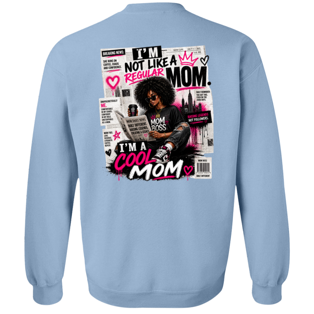 Light Blue sweatshirt with graphic design on the back featuring text and a stylized illustration of a woman.