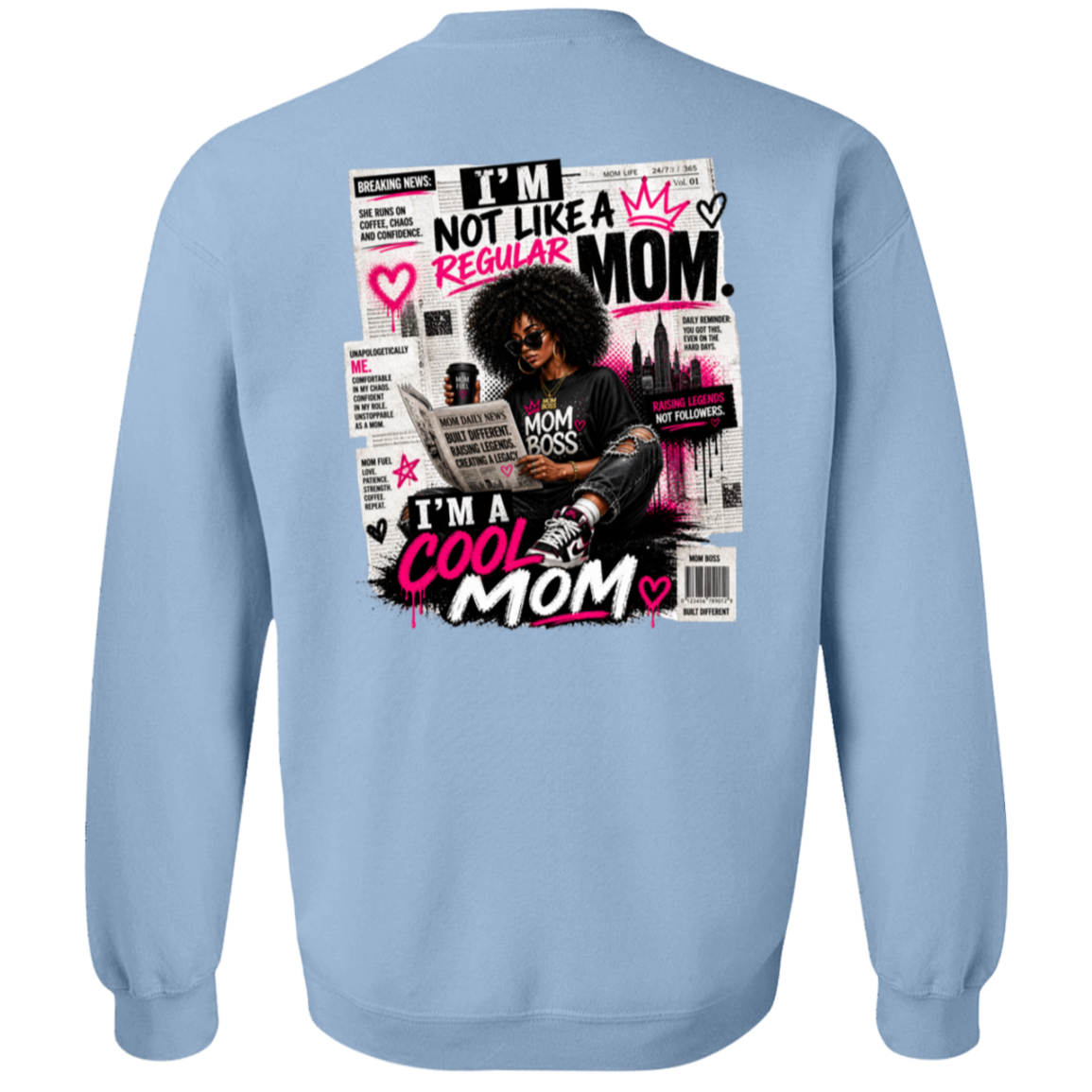 Light Blue sweatshirt with graphic design on the back featuring text and a stylized illustration of a woman.