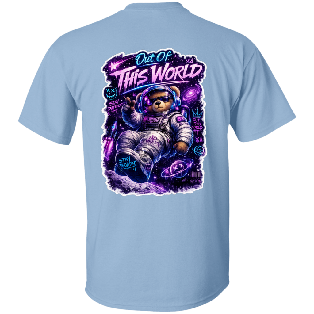 Light blue t-shirt with a graphic of a bear astronaut and 'Out Of This World' text on the back.