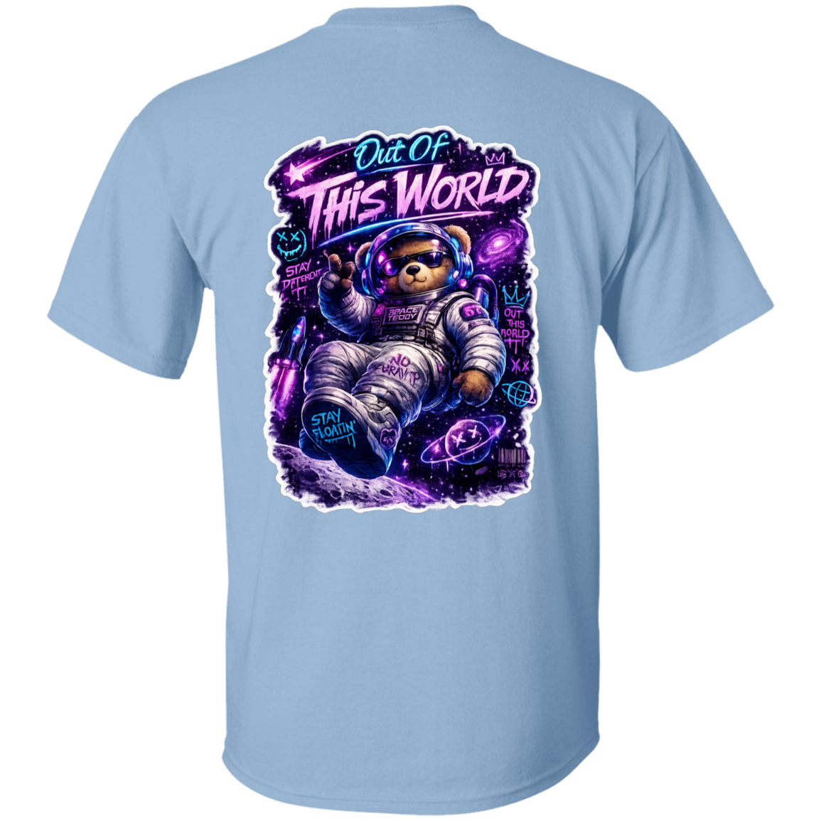 Light blue t-shirt with a graphic of a bear astronaut and 'Out Of This World' text on the back.