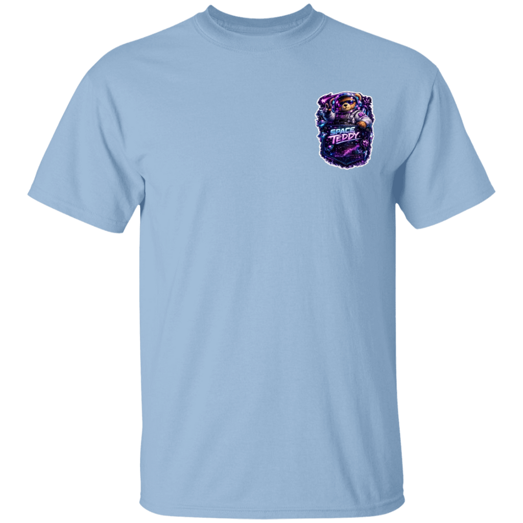 Light blue t-shirt with a colorful graphic on the chest against a white background