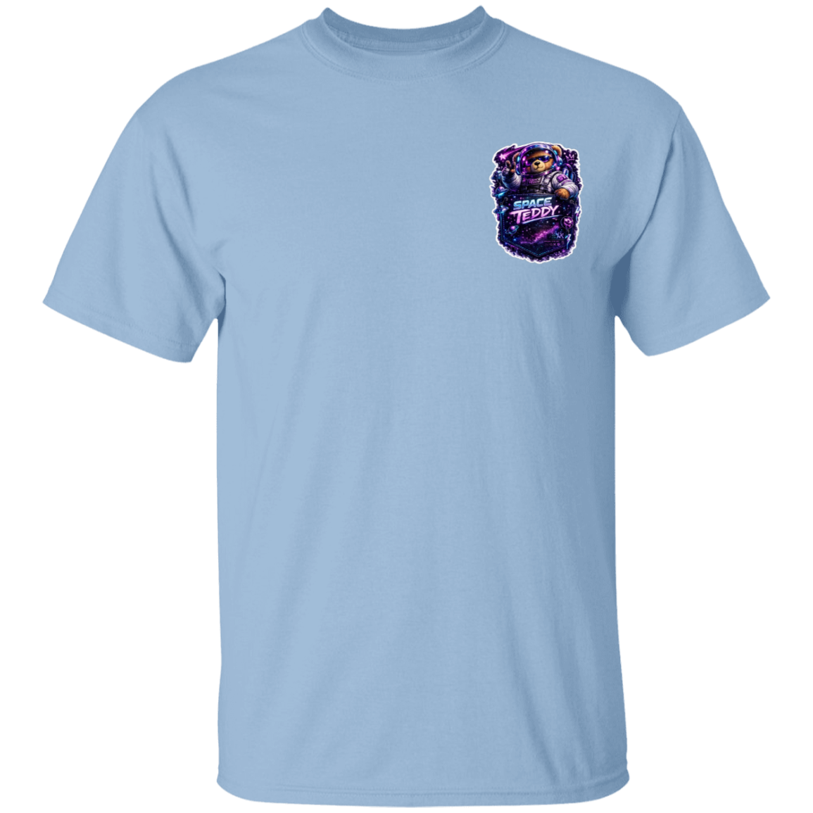 Light blue t-shirt with a colorful graphic on the chest against a white background