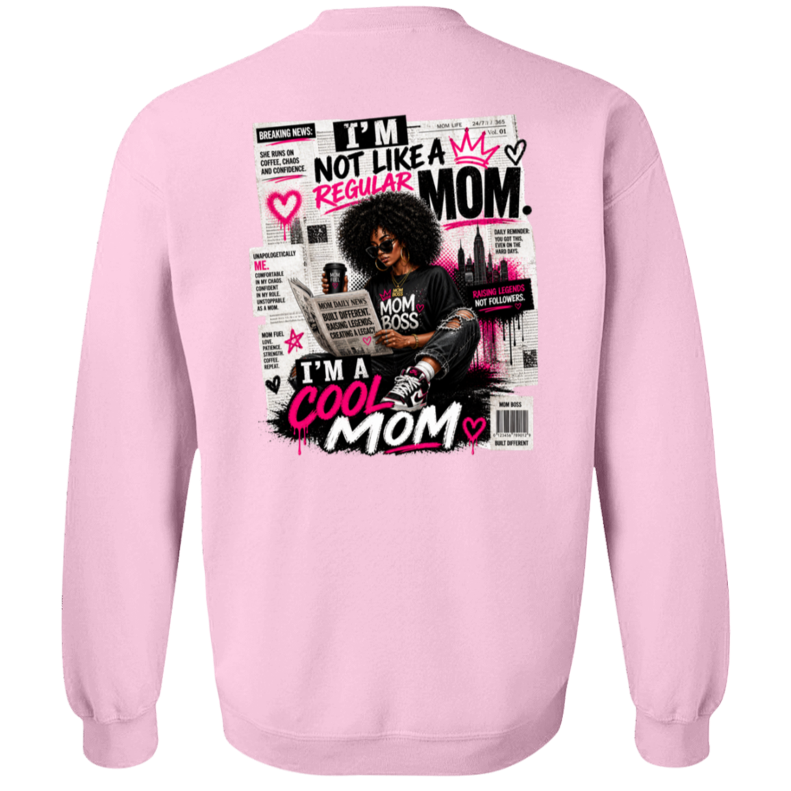 Light Pink sweatshirt with graphic design on the back featuring text and a stylized illustration of a woman.