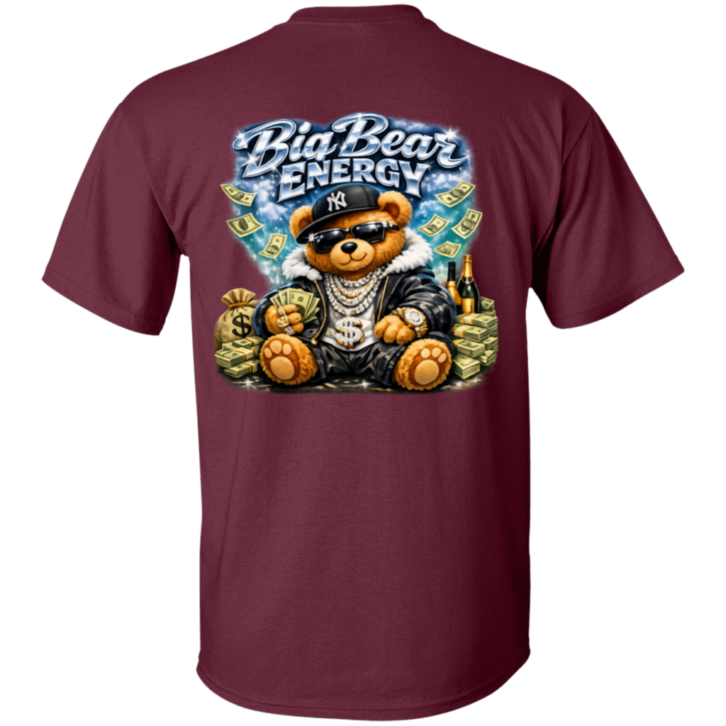 Maroon t-shirt with a bear graphic and 'Big Bear Energy' text on the back