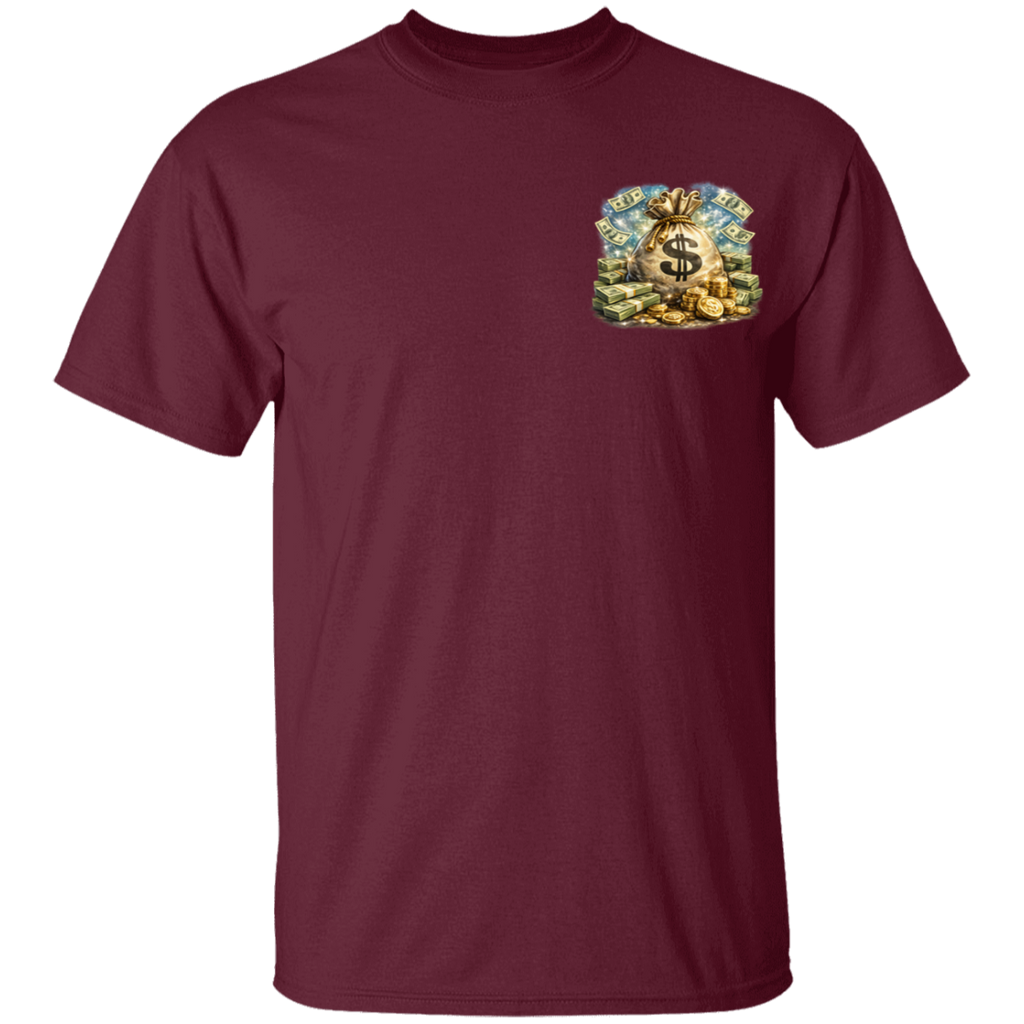 Maroon t-shirt with a colorful graphic on the chest against a white background