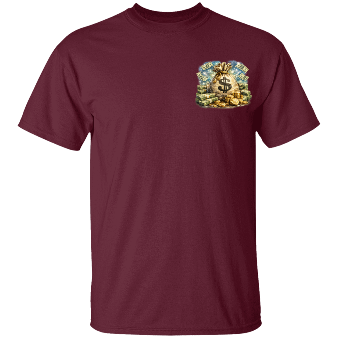 Maroon t-shirt with a colorful graphic on the chest against a white background
