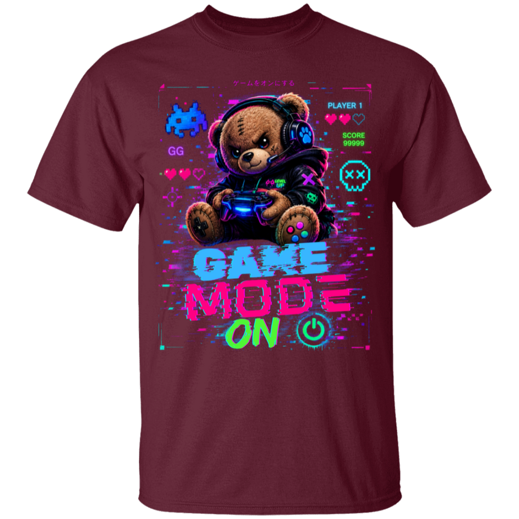 Maroon t-shirt with a teddy bear gaming design and 'Game Mode On' text on a white background