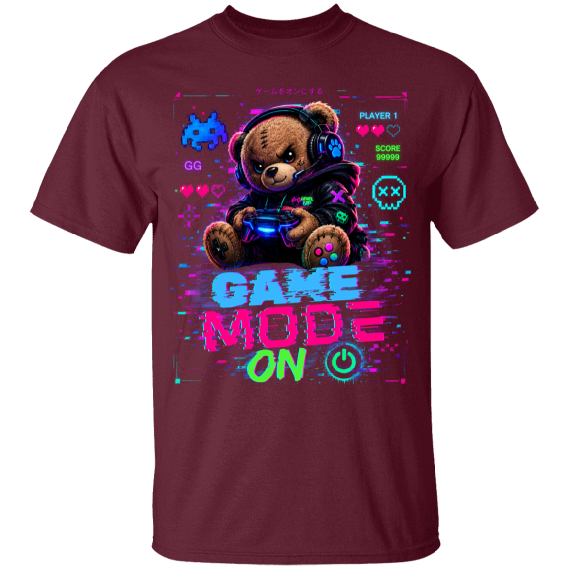 Maroon t-shirt with a teddy bear gaming design and 'Game Mode On' text on a white background