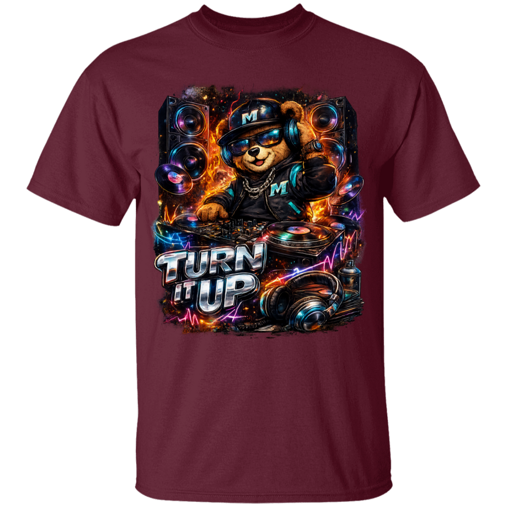 Maroon t-shirt with a bear DJ graphic and 'Turn It Up' text on a white background
