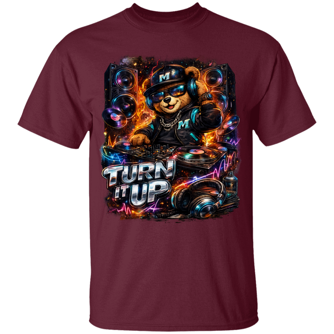 Maroon t-shirt with a bear DJ graphic and 'Turn It Up' text on a white background