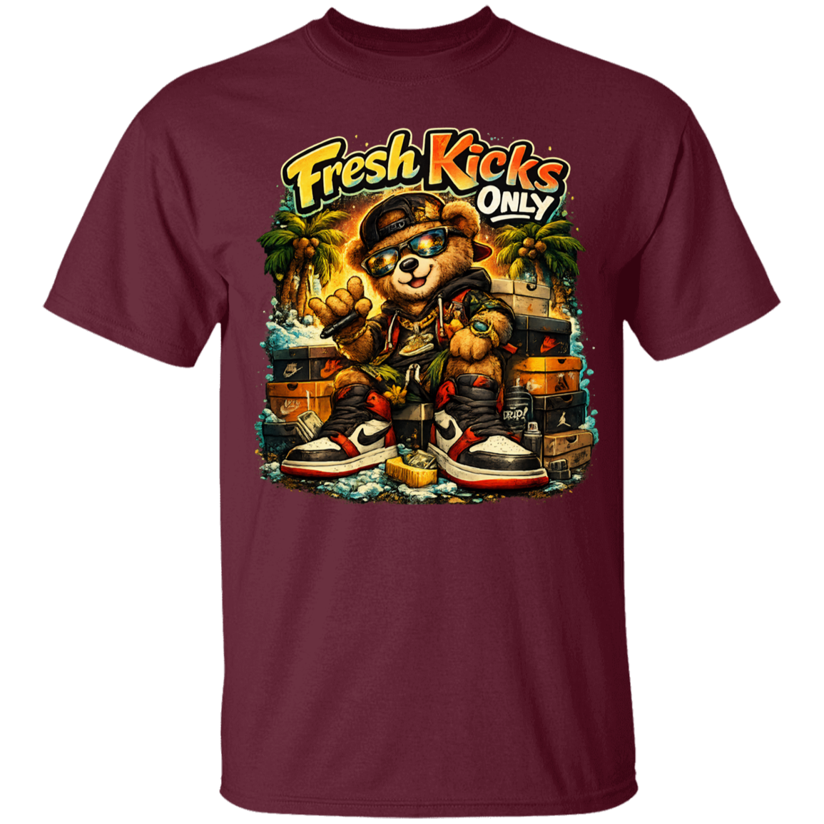 Maroon t-shirt with a bear graphic and 'Fresh Kicks Only' text on a white background