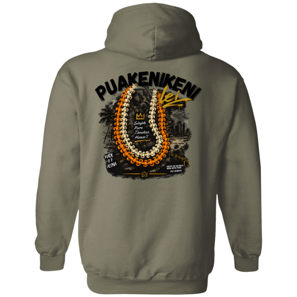 Person wearing a Military Green hoodie with 'PUAKENIKENI' design with a Background of Waikiki  on a beach at sunset