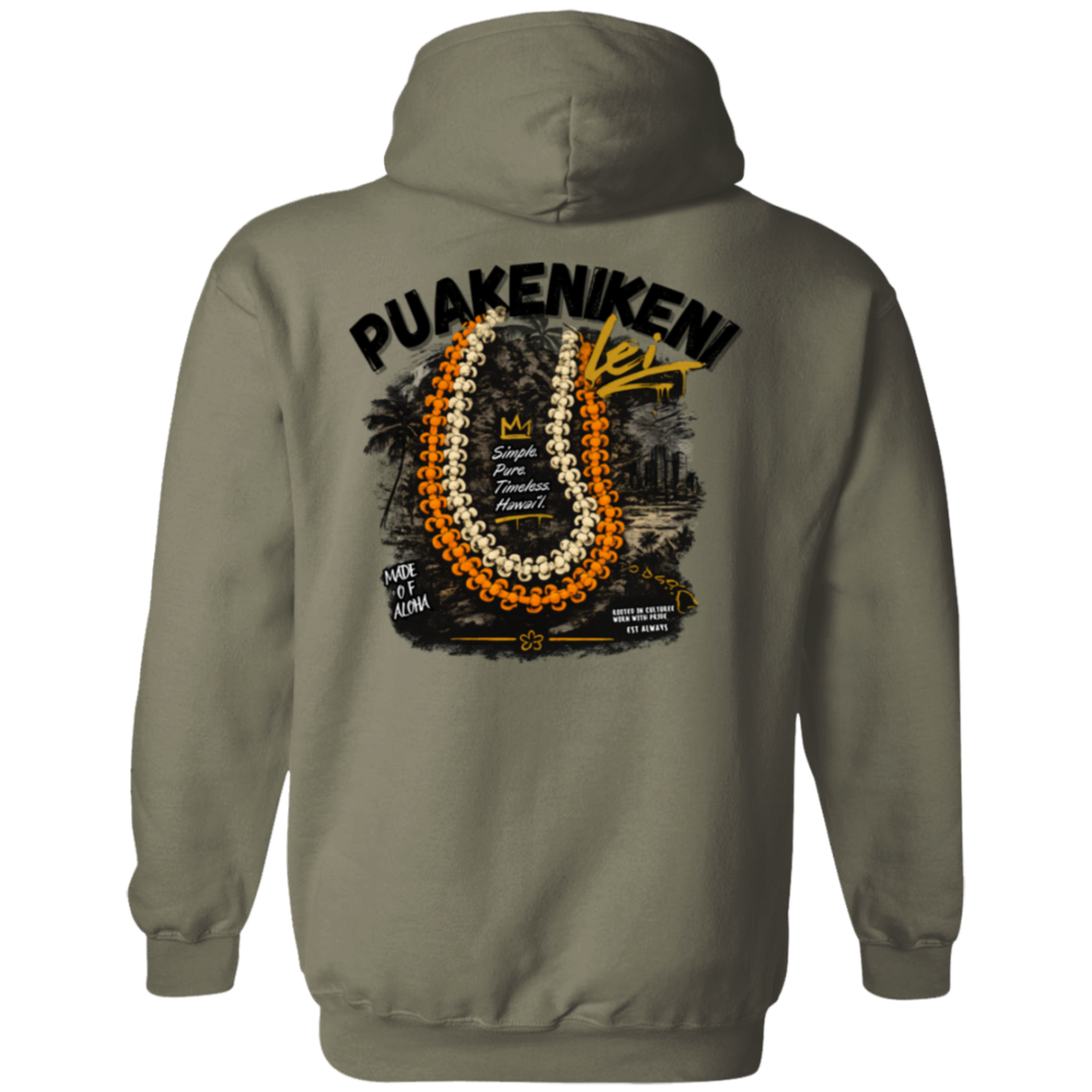 Person wearing a Military Green hoodie with 'PUAKENIKENI' design with a Background of Waikiki  on a beach at sunset
