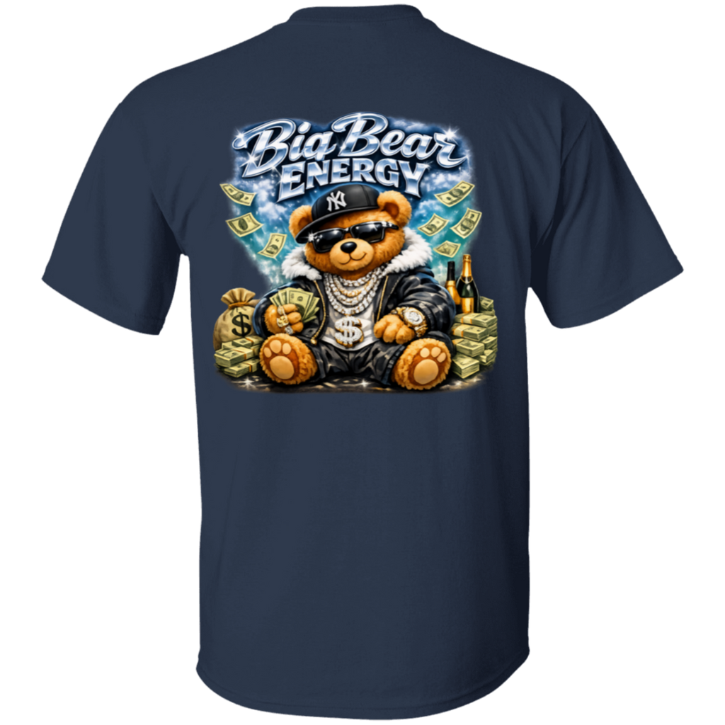 Navy blue t-shirt with a bear graphic and 'Big Bear Energy' text on the back
