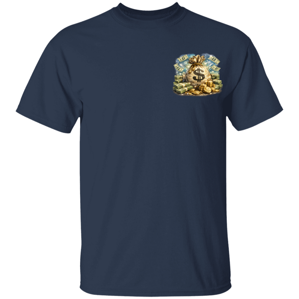 Navy blue t-shirt with a graphic design on the chest against a white background