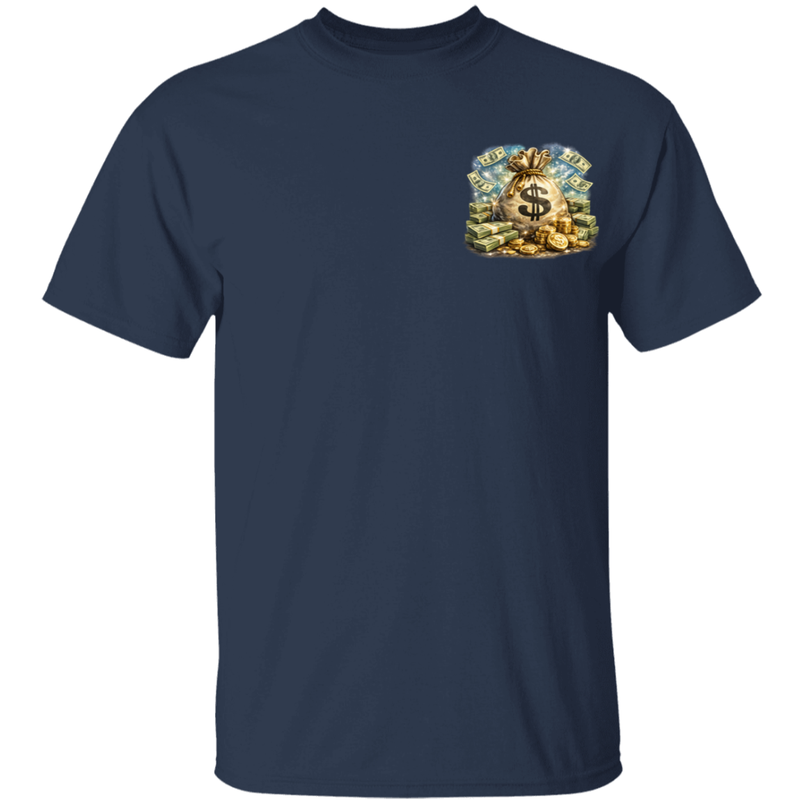 Navy blue t-shirt with a graphic design on the chest against a white background