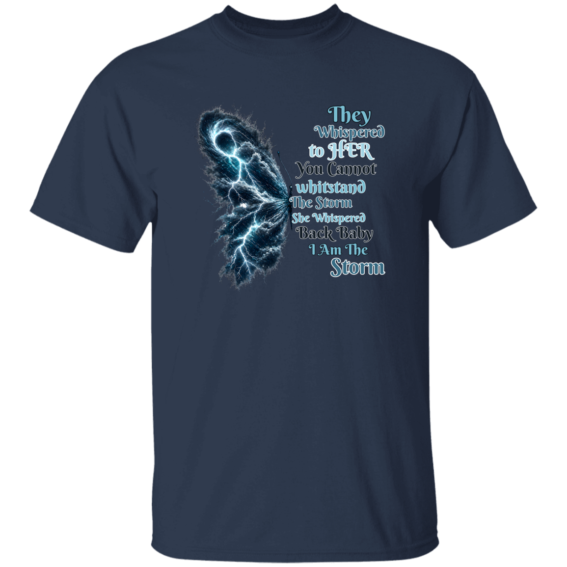 Navy blue t-shirt with a graphic design and text on a white background
