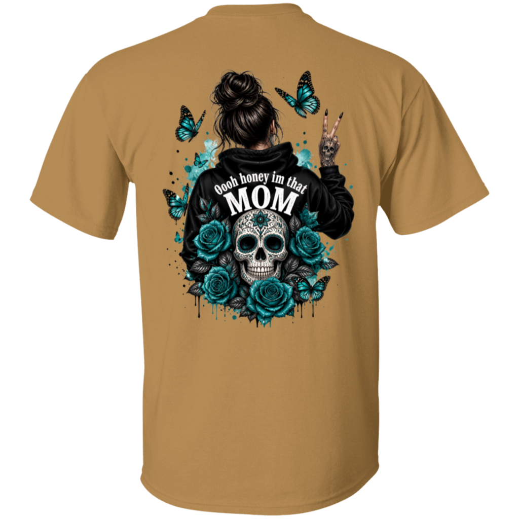 Old Gold t-shirt with a graphic design on the back featuring a skull, roses, and text.