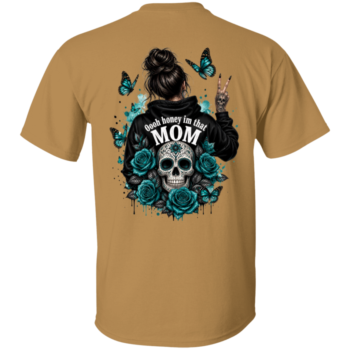 Old Gold t-shirt with a graphic design on the back featuring a skull, roses, and text.