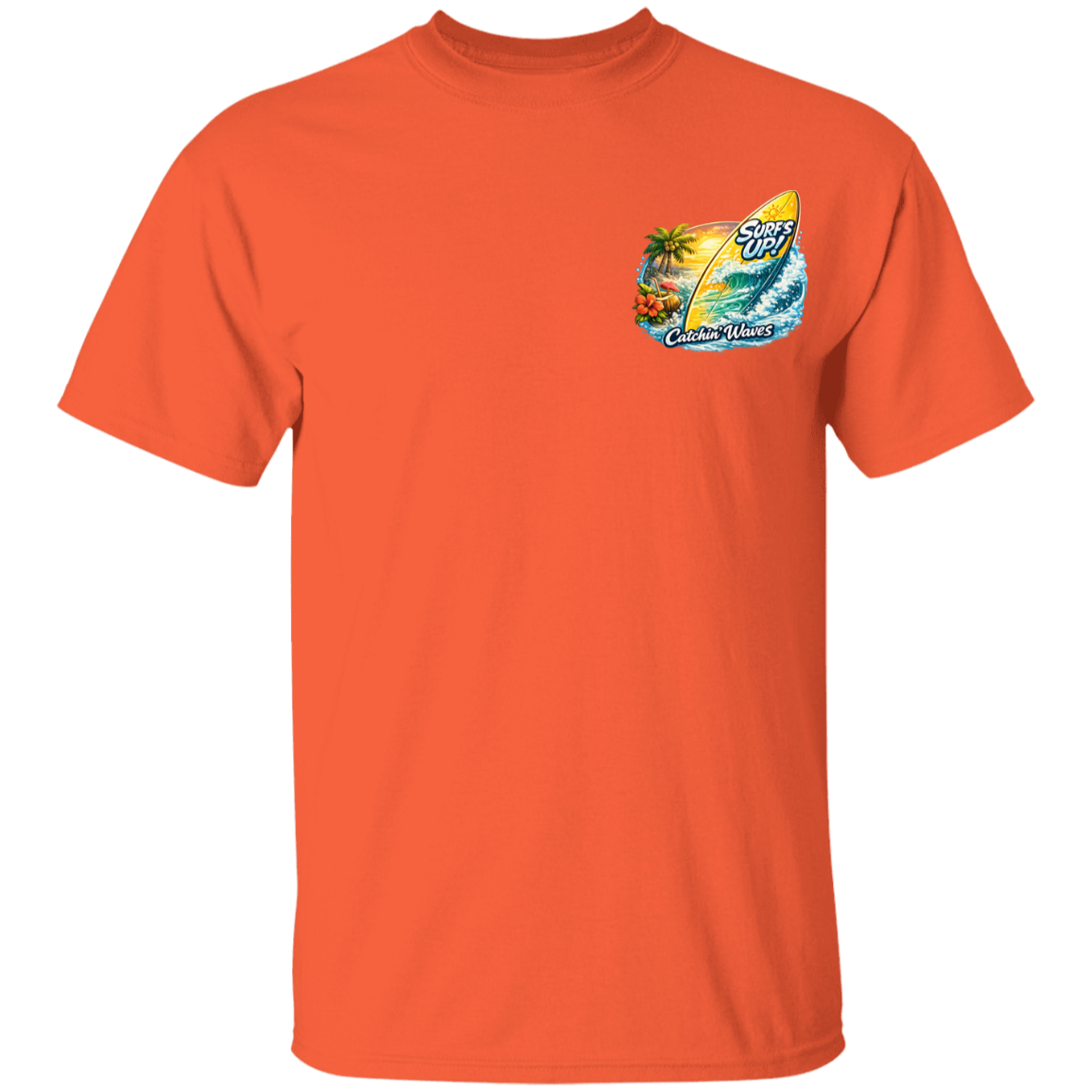 Orange t-shirt with a tropical graphic on a white background