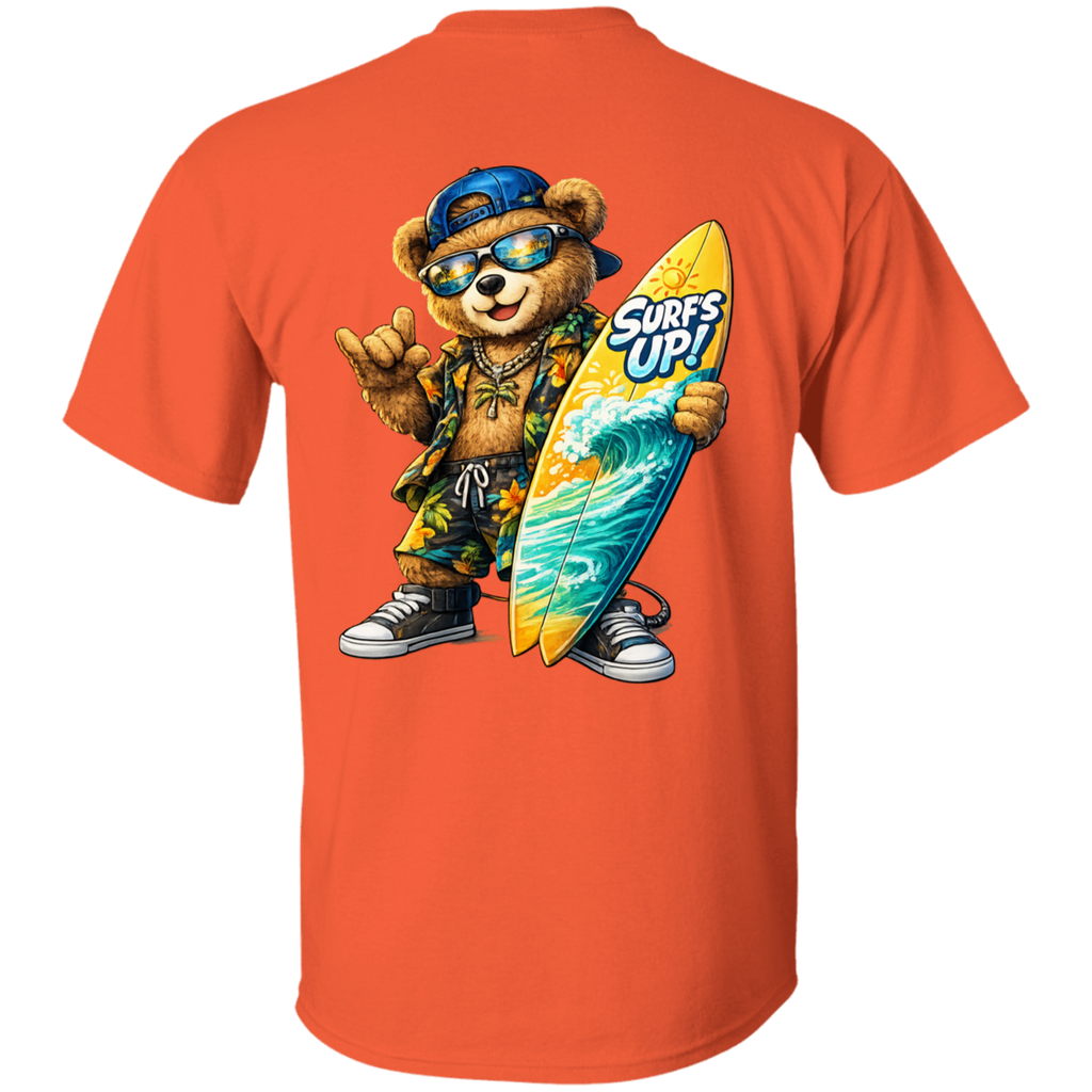 Orange t-shirt with a bear holding a surfboard and 'Surfs Up!' text on a white background