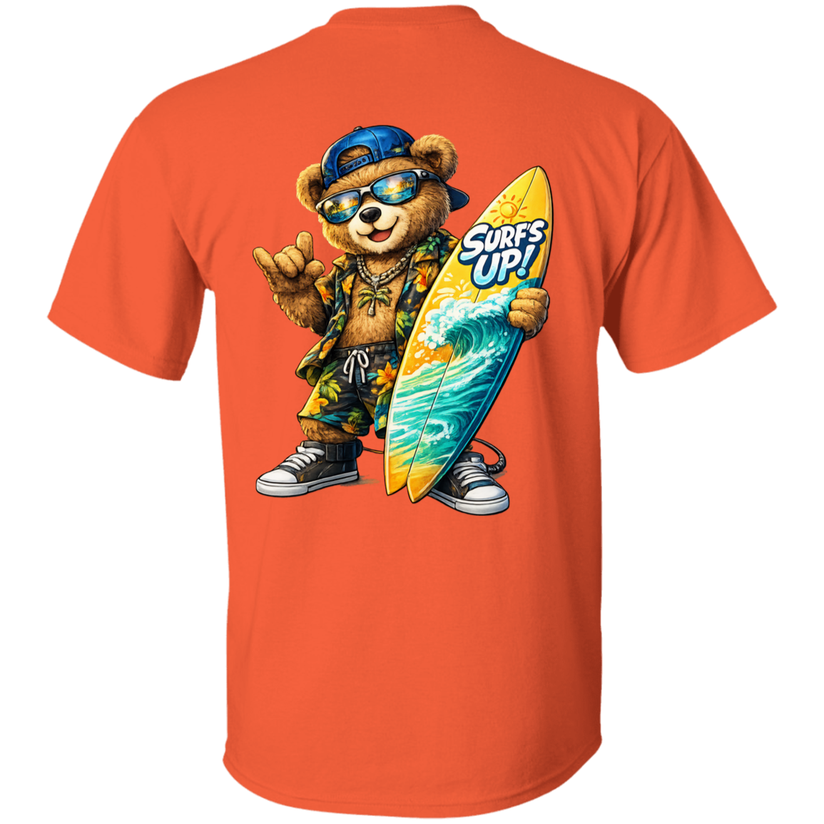 Orange t-shirt with a bear holding a surfboard and 'Surfs Up!' text on a white background