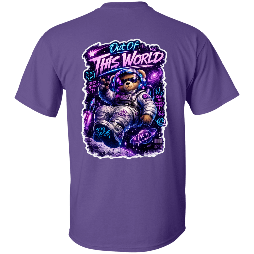 Purple t-shirt with a space-themed design of a bear in an astronaut suit on the back.